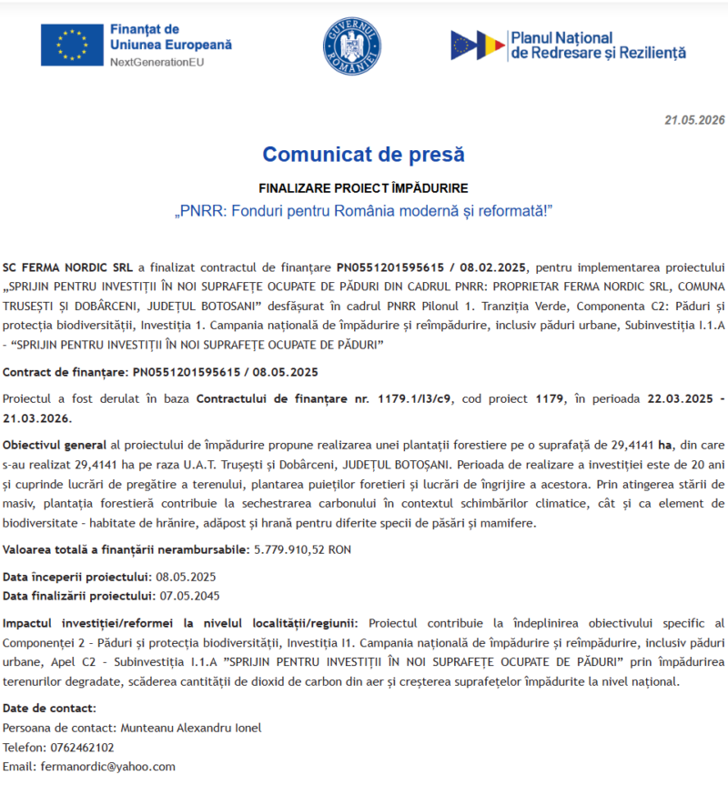 Comunicat de presă privind finalizarea derulării proiectului “SPRIJIN PENTRU INVESTIȚII ÎN NOI SUPRAFEȚE OCUPATE DE PĂDURI DIN CADRUL PNRR…”