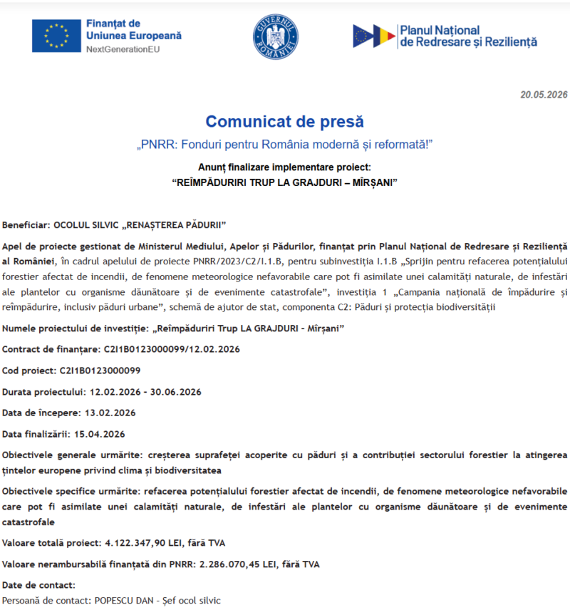 Comunicat de presă privind finalizarea derulării proiectului “REÎMPĂDURIRI TRUP LA GRAJDURI – MÎRȘANI”