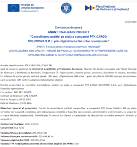 Comunicat de presa finalizare proiect PNRR - PTK CARGO SOLUTIONS SRL