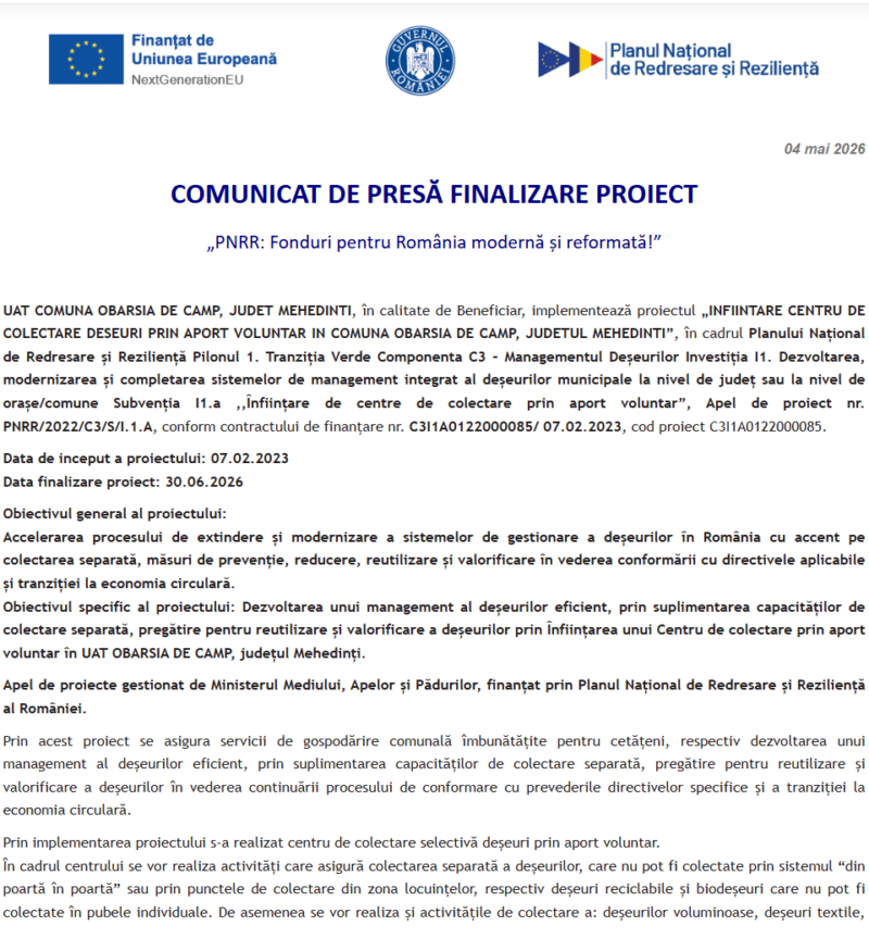 Comunicat de presă privind finalizarea derulării proiectului „INFIINTARE CENTRU DE COLECTARE DESEURI PRIN APORT VOLUNTAR IN COMUNA OBARSIA DE CAMP, JUDETUL MEHEDINTI”