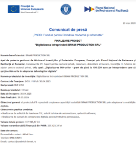 Comunicat de presa finalizare proiect PNRR - BRAMI PRODUCTION SRL