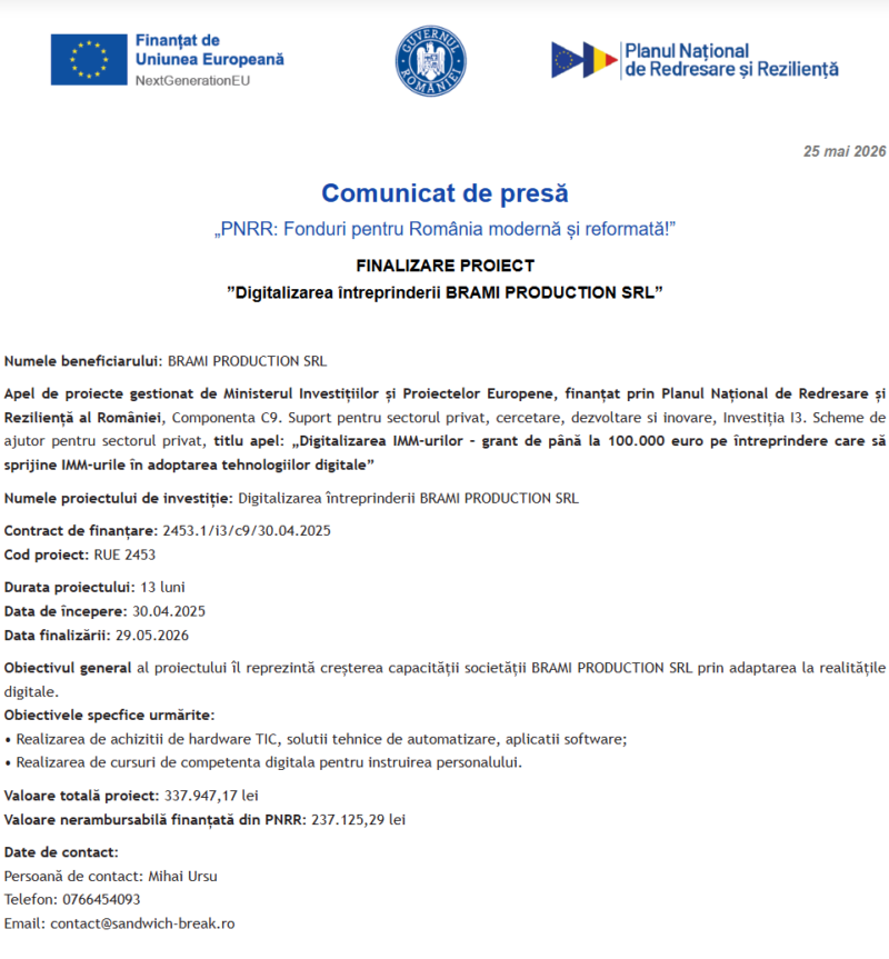 Comunicat de presă privind finalizarea derulării proiectului “Digitalizarea întreprinderii BRAMI PRODUCTION SRL”