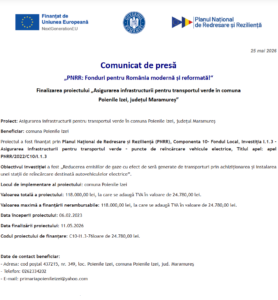 Comunicat de presa finalizare proiect PNRR - comuna Poienile Izei