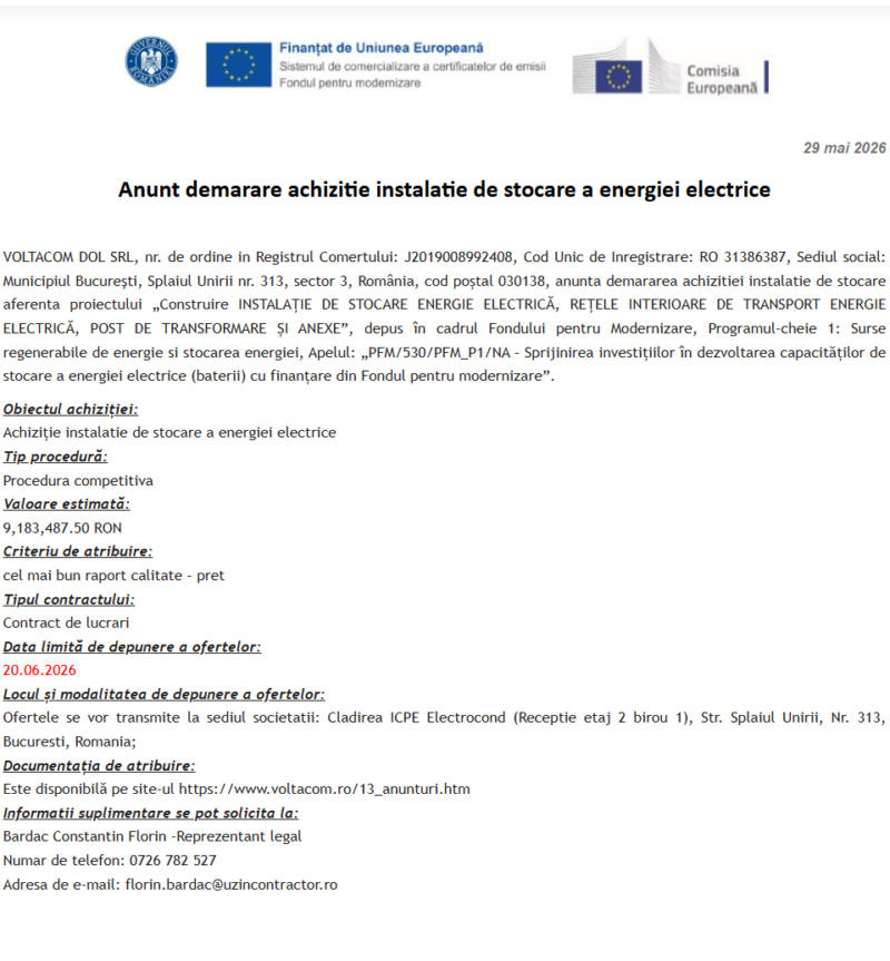 Anunt demarare achizitie instalatie de stocare a energiei electrice