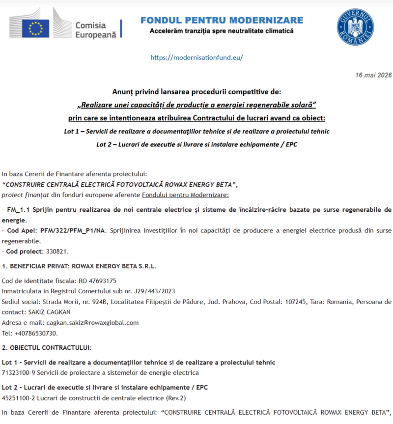 Anunț lansare procedură competitivă de achiziție servicii si lucrari pentru realizarea proiectului: „Realizare unei capacități de producție a energiei regenerabile solară”