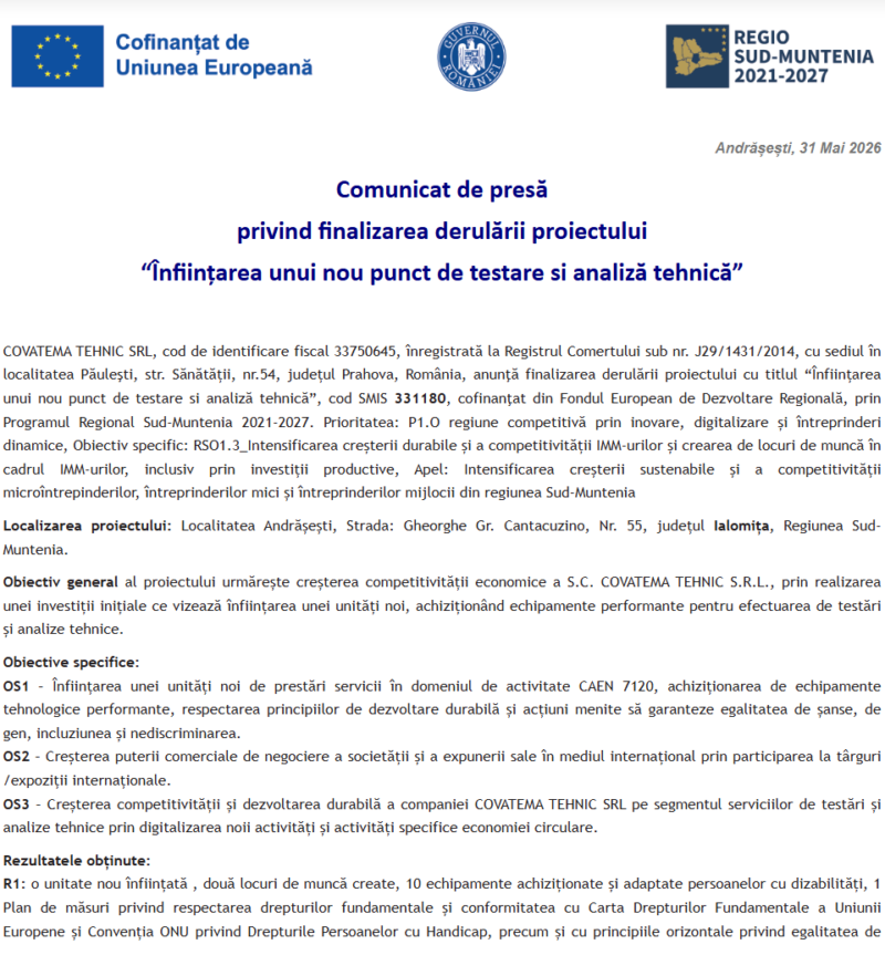 Comunicat de presă privind finalizarea derulării proiectului „Înființarea unui nou punct de testare si analiză tehnică”