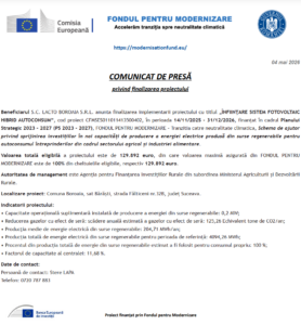 Comunicat de presa finalizare proiect Fondul pentru Modernizare - LACTO BOROAIA SRL