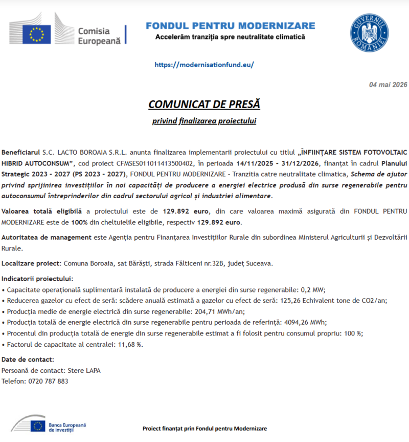 Comunicat de presă privind finalizarea derulării proiectului „ÎNFIINŢARE SISTEM FOTOVOLTAIC HIBRID AUTOCONSUM”