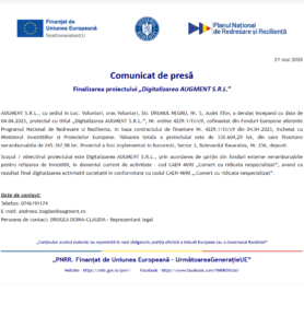 Comunicat de presa finalizare proiect PNRR - AUGMENT SRL