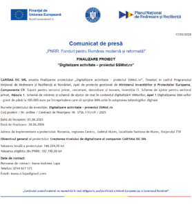 Comunicat de presa finalizare proiect PNRR - CARISMA ISC SRL
