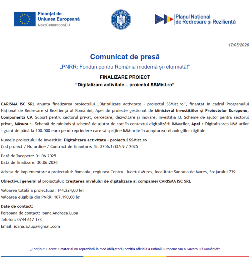 Comunicat de presă privind finalizarea derulării proiectului “Digitalizare activitate – proiectul SSMist.ro”