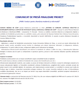 Comunicat de presa finalizare proiect PNRR - COMUNA OBÂRȘIA DE CÂMP