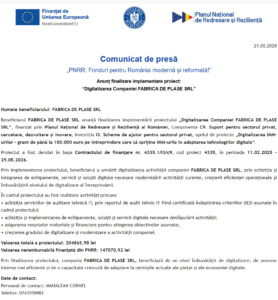 Comunicat de presa finalizare proiect PNRR - FABRICA DE PLASE SRL