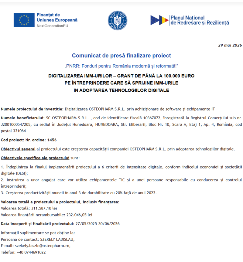 Comunicat de presă privind finalizarea derulării proiectului “Digitalizarea OSTEOPHARM S.R.L. prin achiziționare de software și echipamente IT”