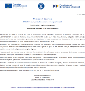 Comunicat de presa finalizare proiect PNRR - PARAMETRIC MECHANICAL DESIGN SRL