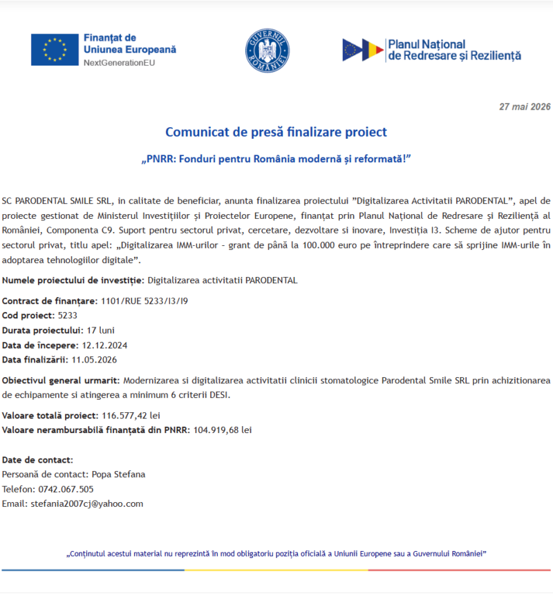 Comunicat de presă privind finalizarea derulării proiectului „Digitalizarea activitatii PARODENTAL”
