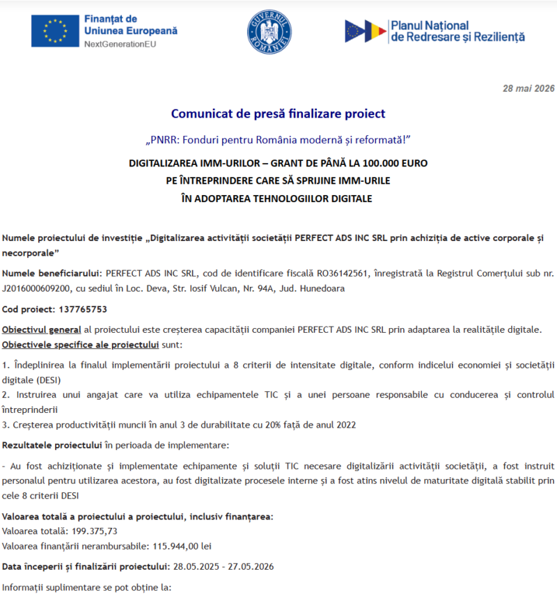 Comunicat de presă privind finalizarea derulării proiectului „Digitalizarea activității societății PERFECT ADS INC SRL prin achiziția de active corporale și necorporale”
