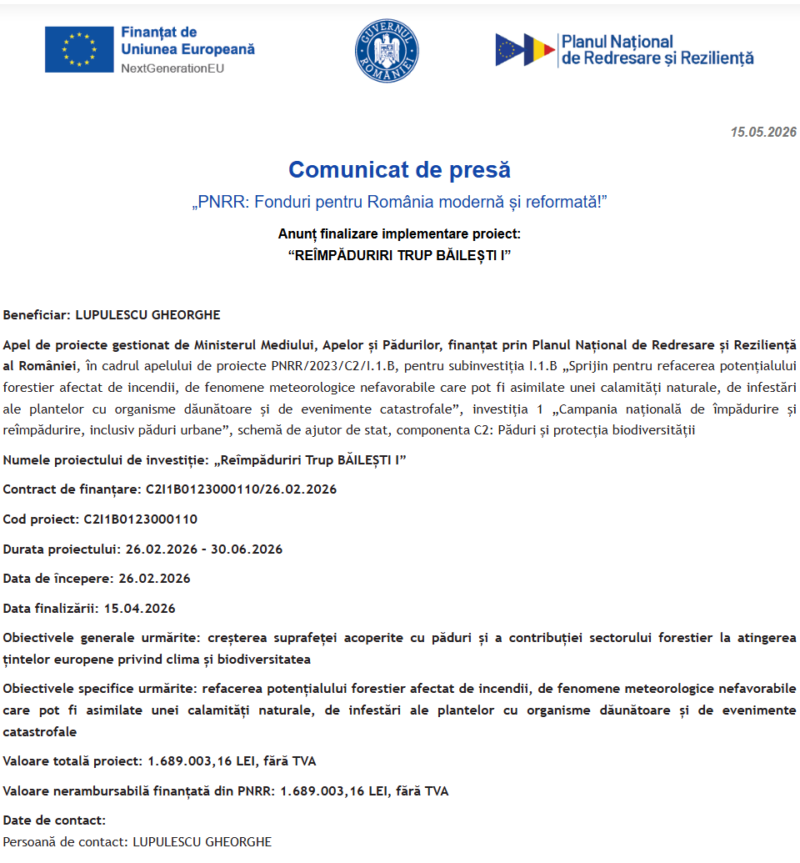 Comunicat de presă privind finalizarea derulării proiectului “REÎMPĂDURIRI TRUP BĂILEȘTI I”