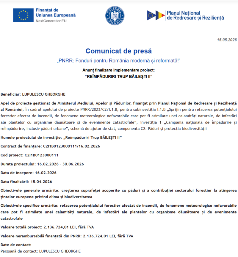 Comunicat de presă privind finalizarea derulării proiectului “REÎMPĂDURIRI TRUP BĂILEȘTI II”