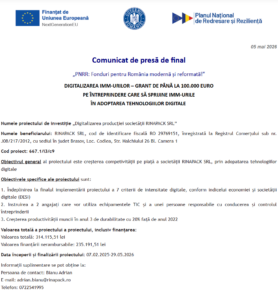 Comunicat de presa finalizare proiect PNRR - RINAPACK SRL