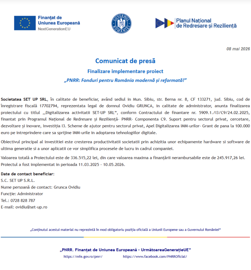 Comunicat de presă privind finalizarea derulării proiectului „Digitalizarea activitatii SET-UP SRL”