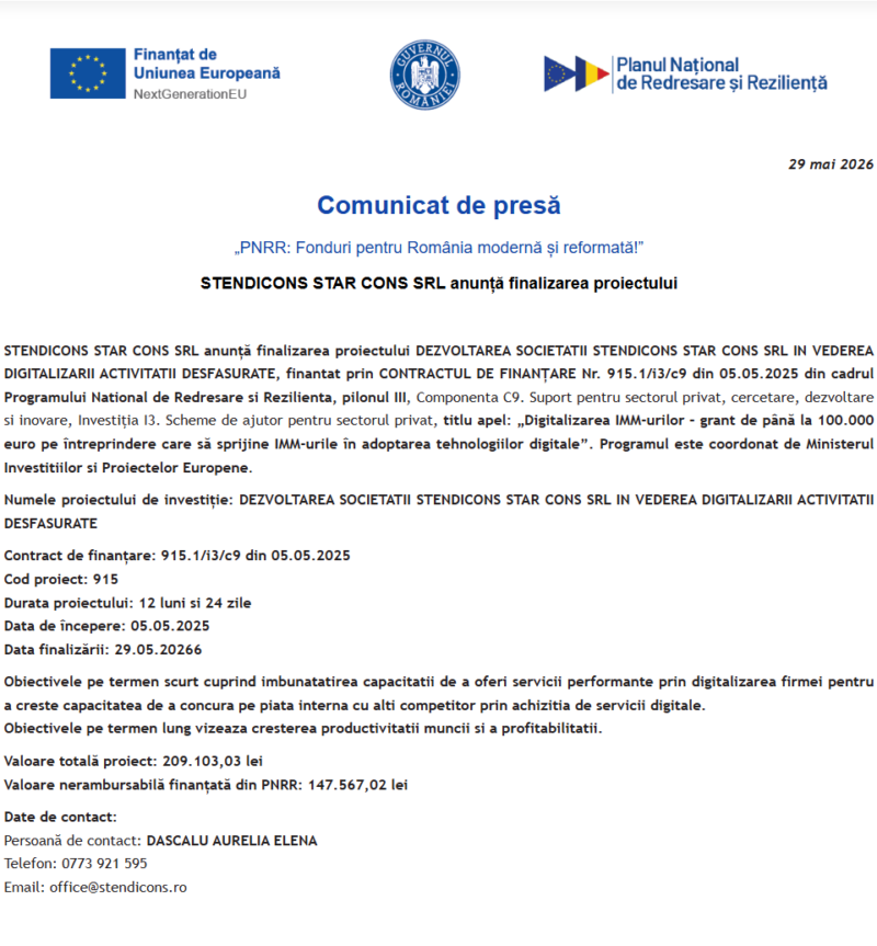 Comunicat de presă privind finalizarea derulării proiectului “DEZVOLTAREA SOCIETATII STENDICONS STAR CONS SRL IN VEDEREA DIGITALIZARII ACTIVITATII DESFASURATE”