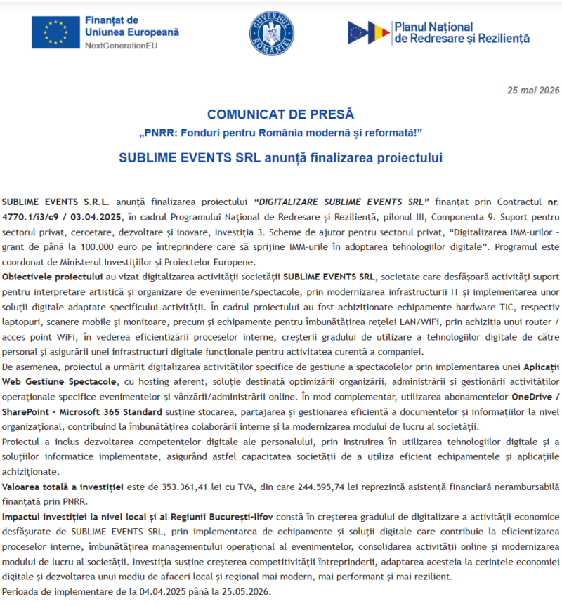 Comunicat de presă privind finalizarea derulării proiectului “DIGITALIZARE SUBLIME EVENTS SRL”