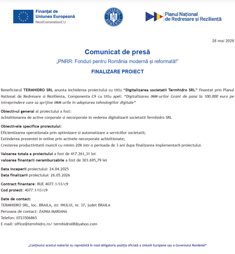 Comunicat de presă privind finalizarea derulării proiectului “Digitalizarea societatii Termhidro SRL”