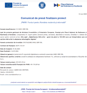 Comunicat de presa finalizare proiect PNRR - UNIEL SERV SRL