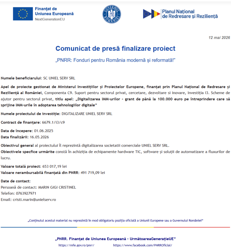 Comunicat de presă privind finalizarea derulării proiectului “DIGITALIZARE UNIEL SERV SRL”