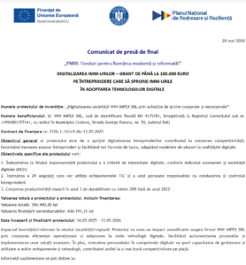 Comunicat de presa finalizare proiect PNRR - WIN IMPEX SRL