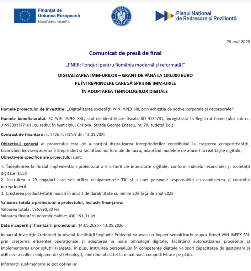 Comunicat de presă privind finalizarea derulării proiectului „Digitalizarea societății WIN IMPEX SRL prin achiziția de active corporale și necorporale”