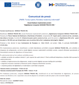 Comunicat de presa finalizare proiect fonduri PNRR - GEODAM TRUCKS SRL