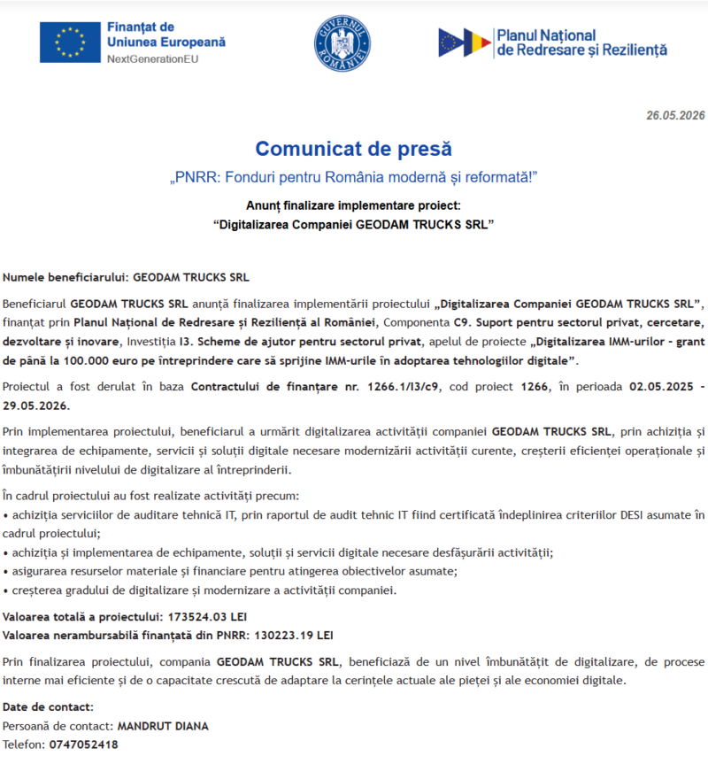 Comunicat de presă privind finalizarea derulării proiectului “Digitalizarea Companiei GEODAM TRUCKS SRL”