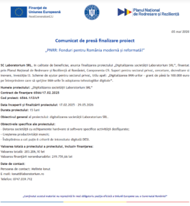 Comunicat de presa finalizare proiect fonduri PNRR - Laboratorium SRL
