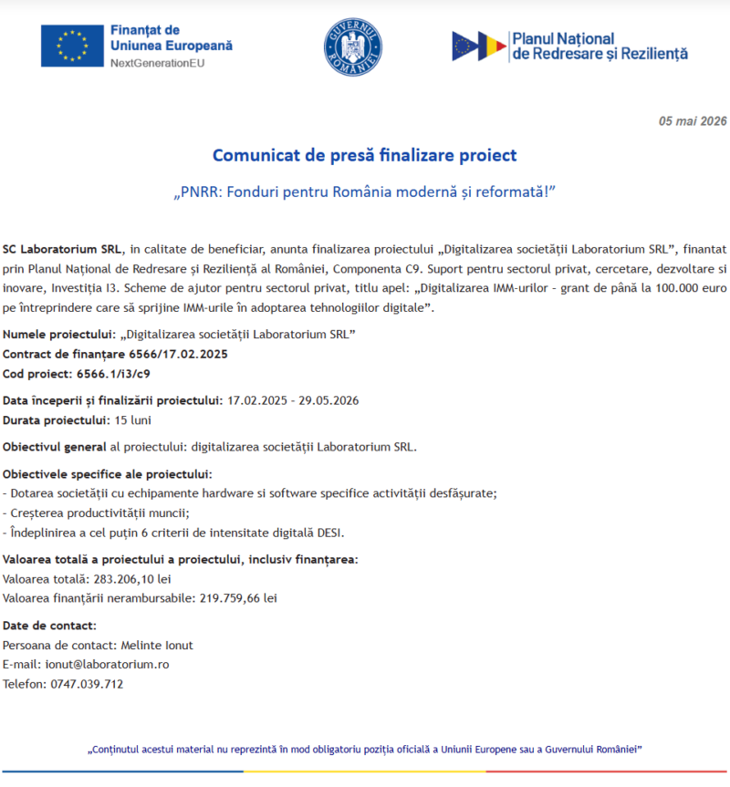 Comunicat de presă privind finalizarea derulării proiectului „Digitalizarea societății Laboratorium SRL”