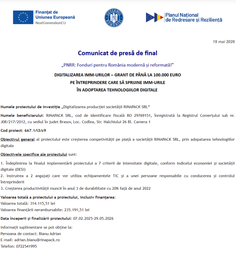 Comunicat de presă privind finalizarea derulării proiectului „Digitalizarea producției societății RINAPACK SRL”