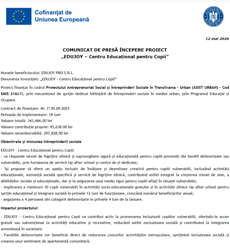 Comunicat de presă privind începerea derulării proiectului „EDUJOY – Centru Educațional pentru Copii”