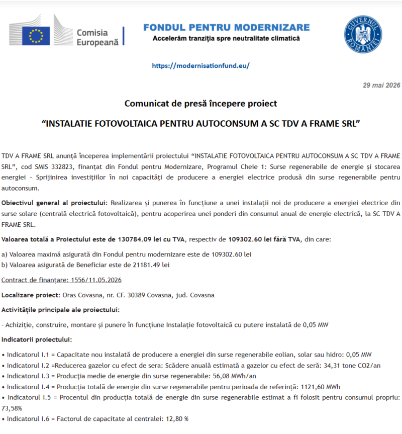 Comunicat de presă privind începerea derulării proiectului „INSTALATIE FOTOVOLTAICA PENTRU AUTOCONSUM A SC TDV A FRAME SRL”