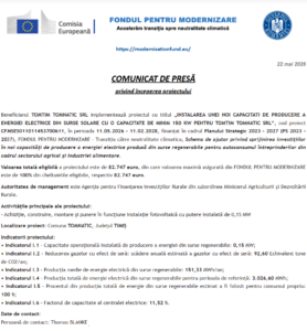 Comunicat de presa incepere proiect Fondul pentru Modernizare - TOMTIM TOMNATIC SRL