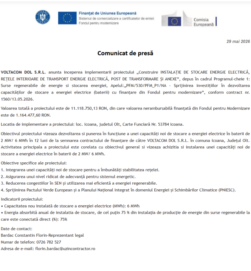 Comunicat de presă privind începerea derulării proiectului „Construire INSTALAȚIE DE STOCARE ENERGIE ELECTRICĂ, REȚELE INTERIOARE DE TRANSPORT ENERGIE ELECTRICĂ, POST DE TRANSFORMARE ȘI ANEXE”