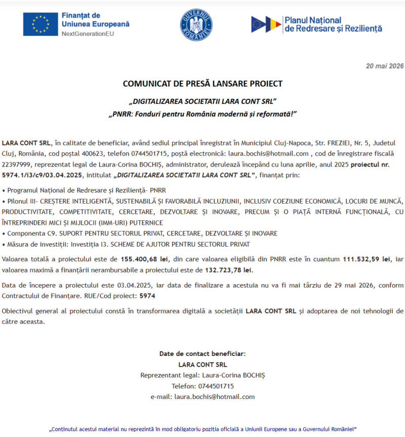 Comunicat de presă privind începerea derulării proiectului „DIGITALIZAREA SOCIETATII LARA CONT SRL”