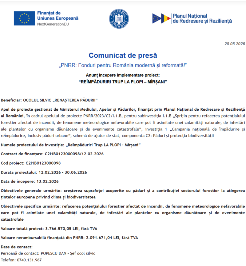Comunicat de presă privind începerea derulării proiectului “REÎMPĂDURIRI TRUP LA PLOPI – MÎRȘANI”