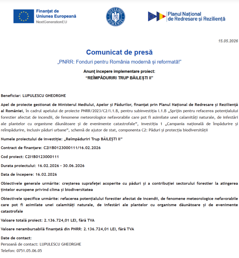 Comunicat de presă privind începerea derulării proiectului “REÎMPĂDURIRI TRUP BĂILEȘTI II”