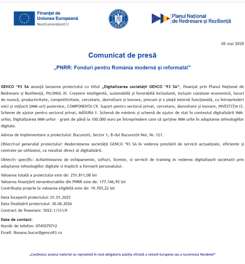 Comunicat de presă privind începerea derulării proiectului “Digitalizarea societăţii GENCO ’93 SA”