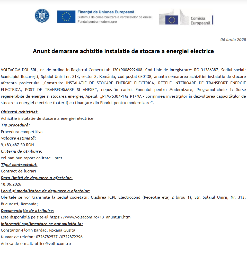 Anunt demarare achizitie instalatie de stocare a energiei electrice