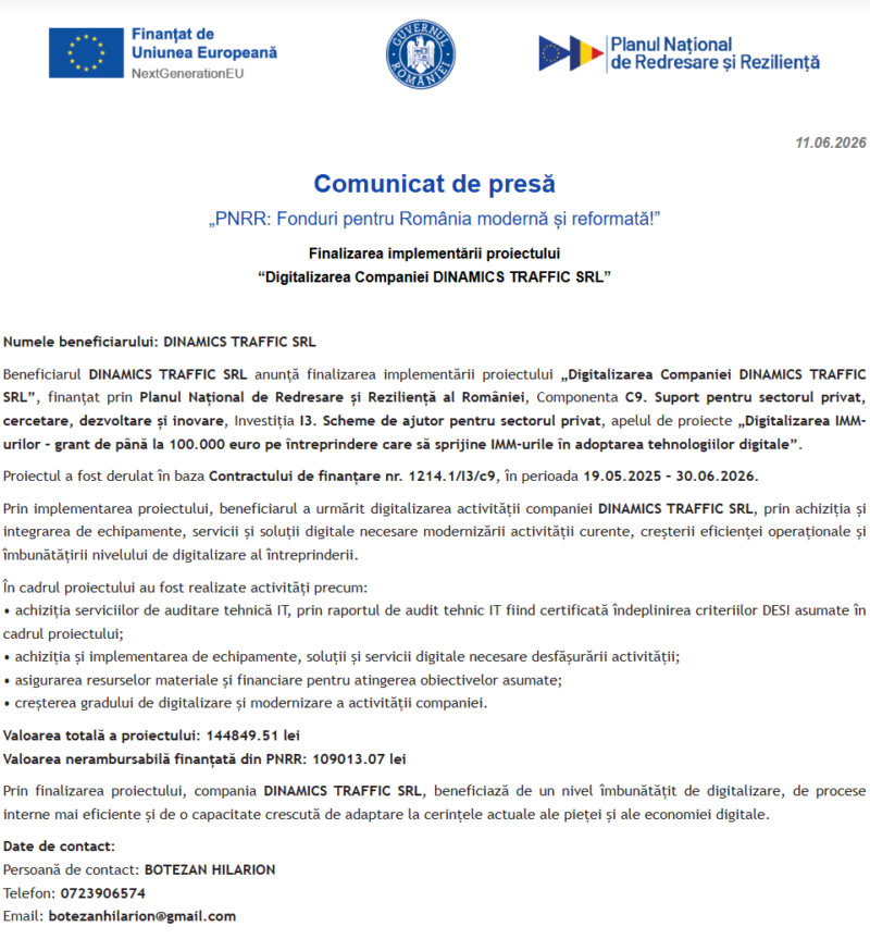 Comunicat de presă privind finalizarea derulării proiectului “Digitalizarea Companiei DINAMICS TRAFFIC SRL”