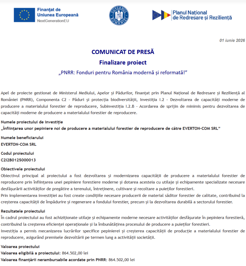 Comunicat de presă privind finalizarea derulării proiectului „Înființarea unor pepiniere noi de producere a materialului forestier de reproducere de către Everton-Com SRL”