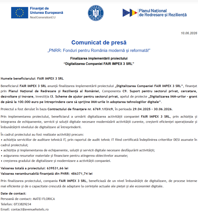 Comunicat de presă privind finalizarea derulării proiectului “Digitalizarea Companiei FAIR IMPEX 3 SRL”