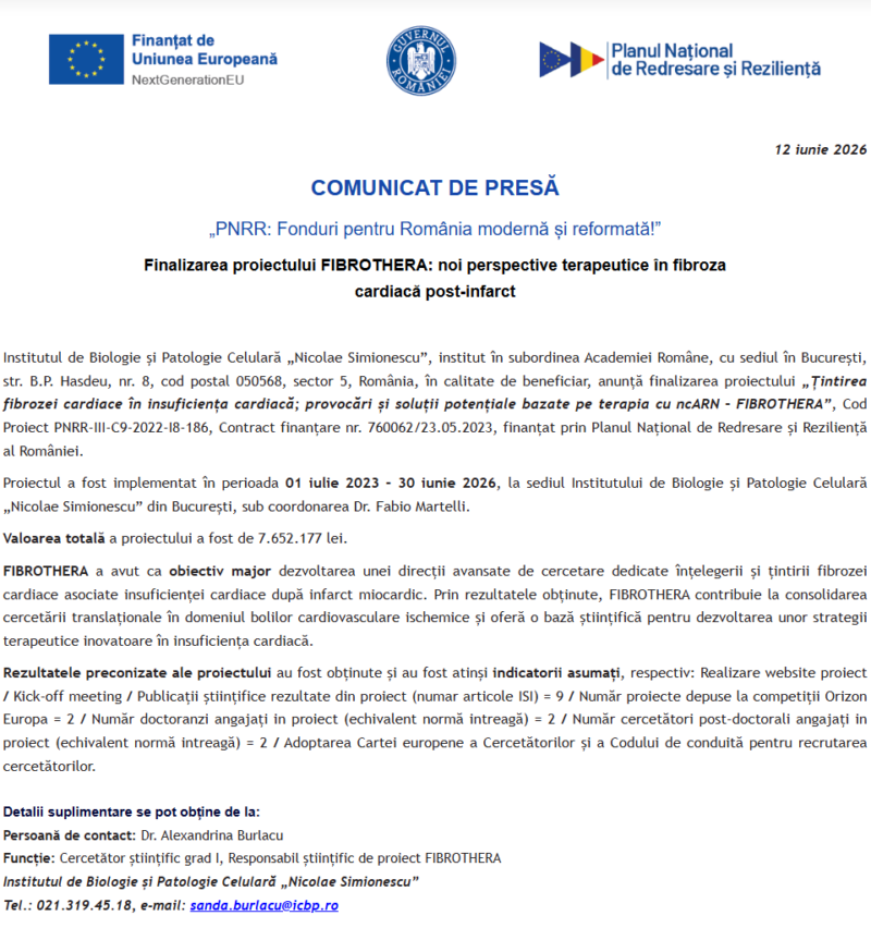 Comunicat de presă privind finalizarea derulării proiectului “Țintirea fibrozei cardiace în insuficiența cardiacă; provocări și soluții potențiale bazate pe terapia cu ncARN – FIBROTHERA”